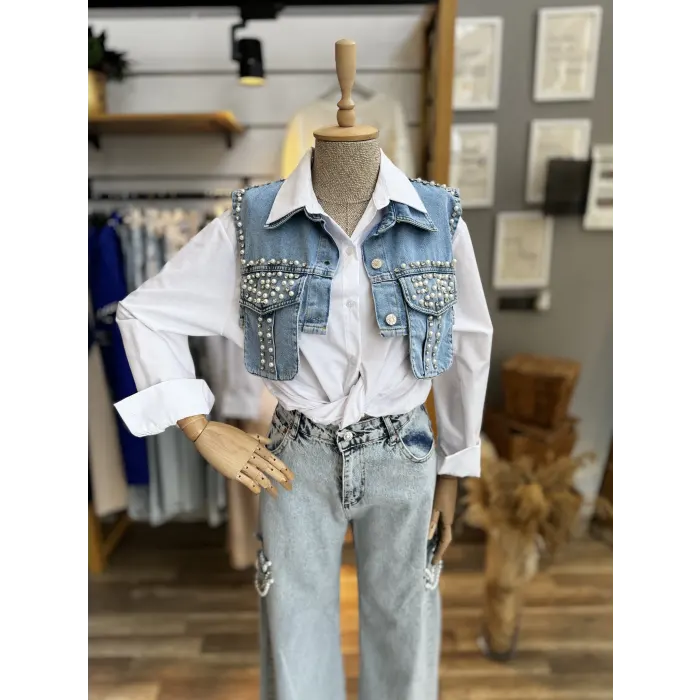 Premium Kot Detaylı İncili Gömlek