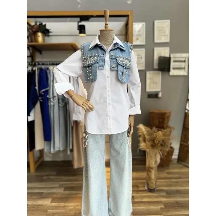 Premium Kot Detaylı İncili Gömlek