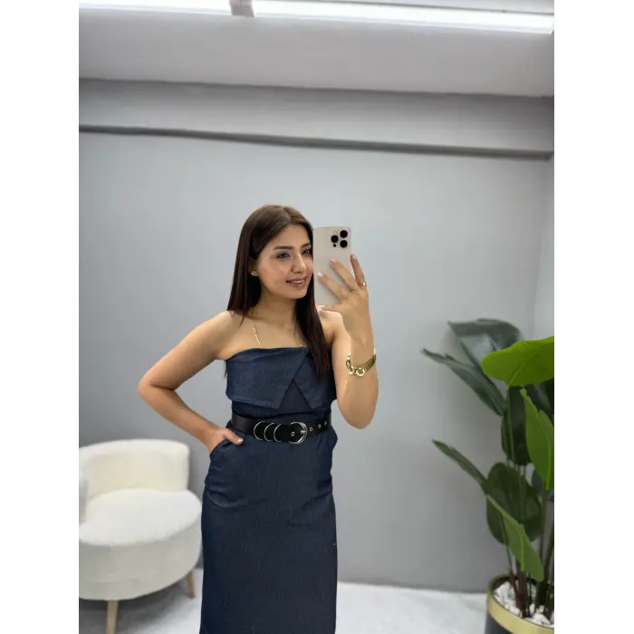 Premium Straplez Denim Elbise