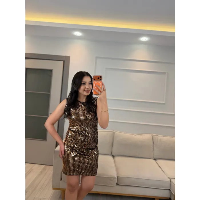 Pul Payet Sıfır Kol Elbise