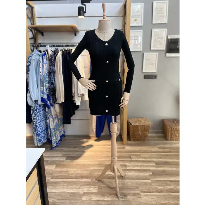 Purila Düğmeli V Yaka Elbise