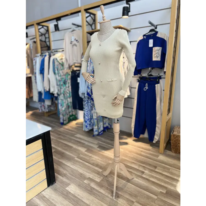 Purila Düğmeli V Yaka Elbise