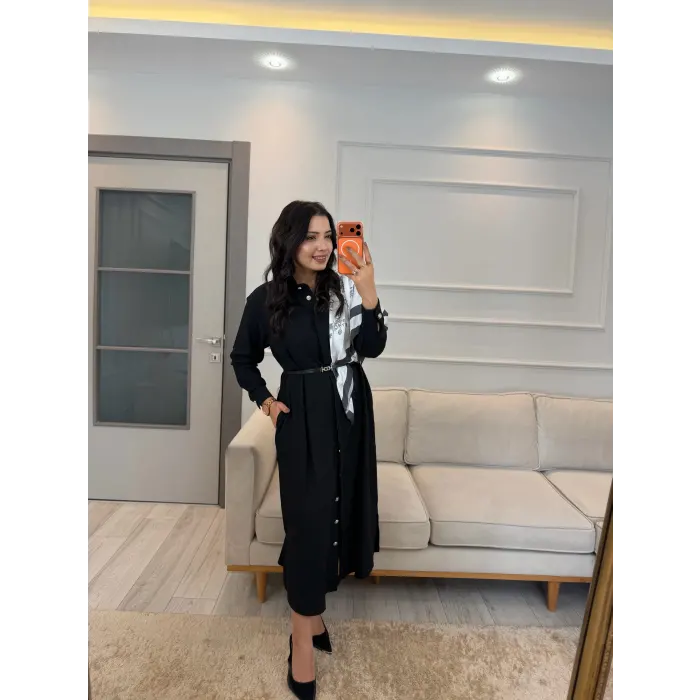 Şal Detaylı Kemerli Elbise