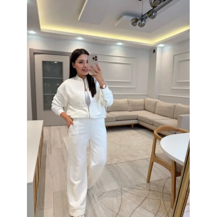 Serpme Taşlı Fermuarlı Sweatshirt Takım