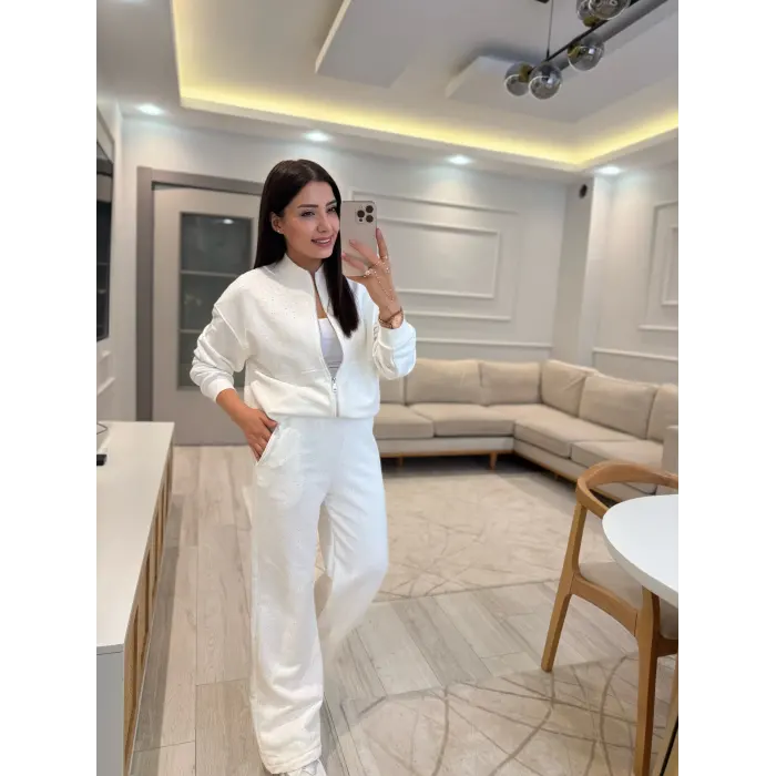 Serpme Taşlı Fermuarlı Sweatshirt Takım