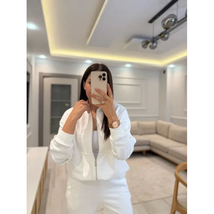Serpme Taşlı Fermuarlı Sweatshirt Takım