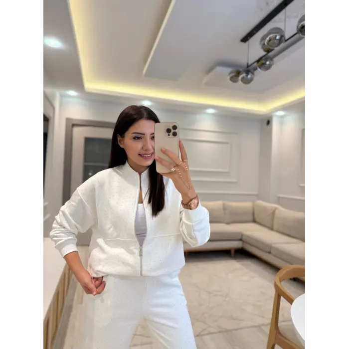 Serpme Taşlı Fermuarlı Sweatshirt Takım