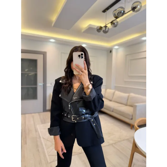 Tasarım Deri Garnili Blazer Ceket