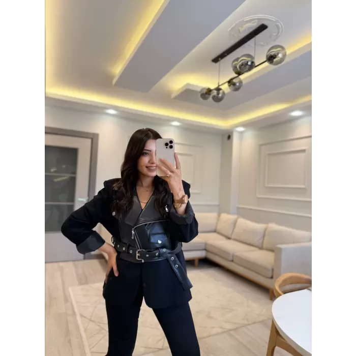 Tasarım Deri Garnili Blazer Ceket