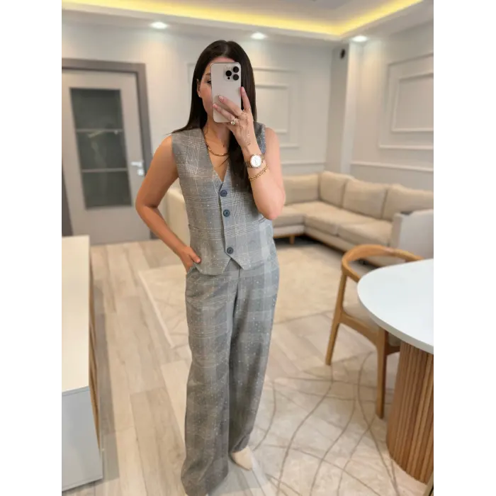Tasarım Ekose Taşlı Blazer Yelek Pantolon Takım