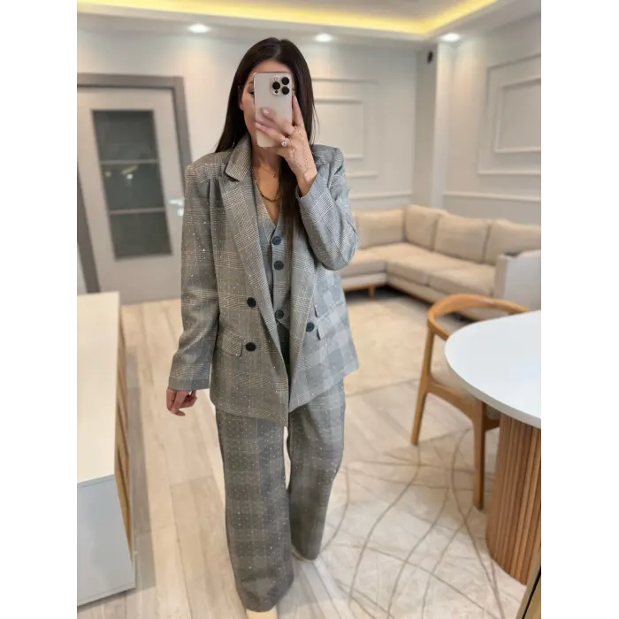 Tasarım Ekose Taşlı Blazer Yelek Pantolon Takım