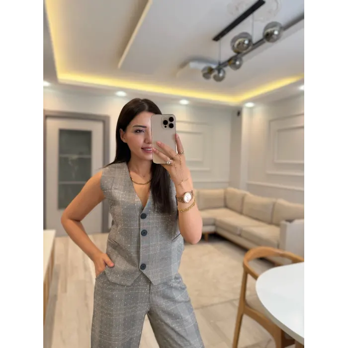 Tasarım Ekose Taşlı Blazer Yelek Pantolon Takım
