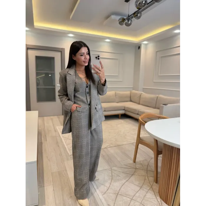 Tasarım Ekose Taşlı Blazer Yelek Pantolon Takım