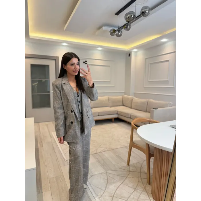 Tasarım Ekose Taşlı Blazer Yelek Pantolon Takım