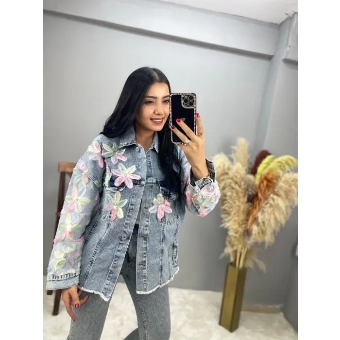 Tasarım Papatya İşleme Jean Ceket