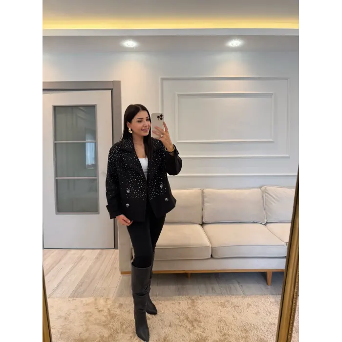 Tasarım Taşlı Kaşe Kaban