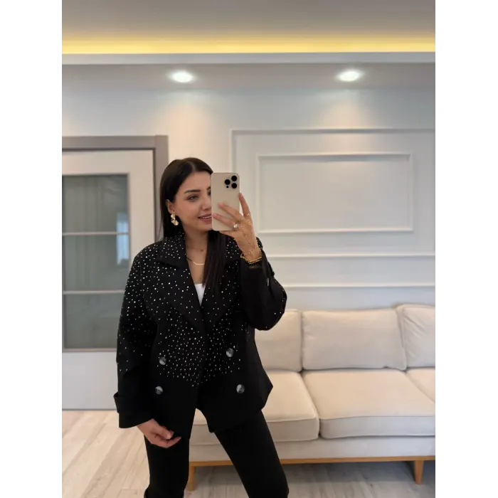 Tasarım Taşlı Kaşe Kaban