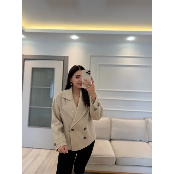 Tasarım Taşlı Kaşe Kaban