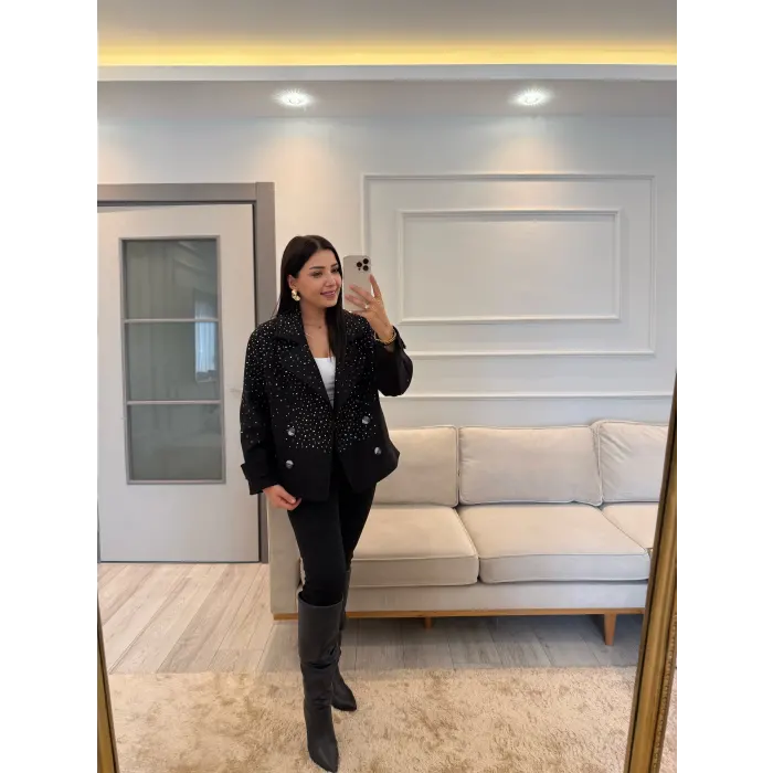 Tasarım Taşlı Kaşe Kaban