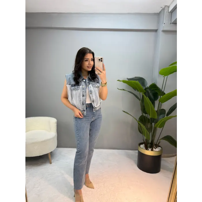 Tasarım Tül Detaylı Jean Yelek