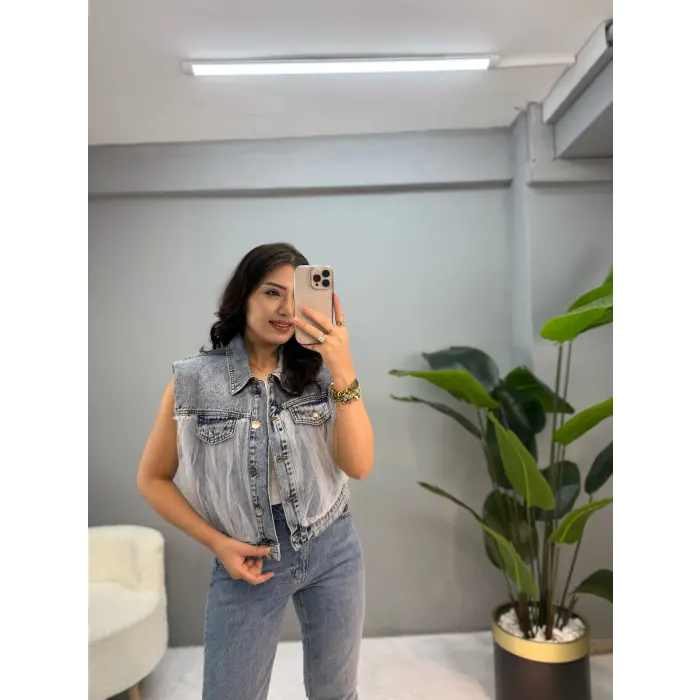 Tasarım Tül Detaylı Jean Yelek