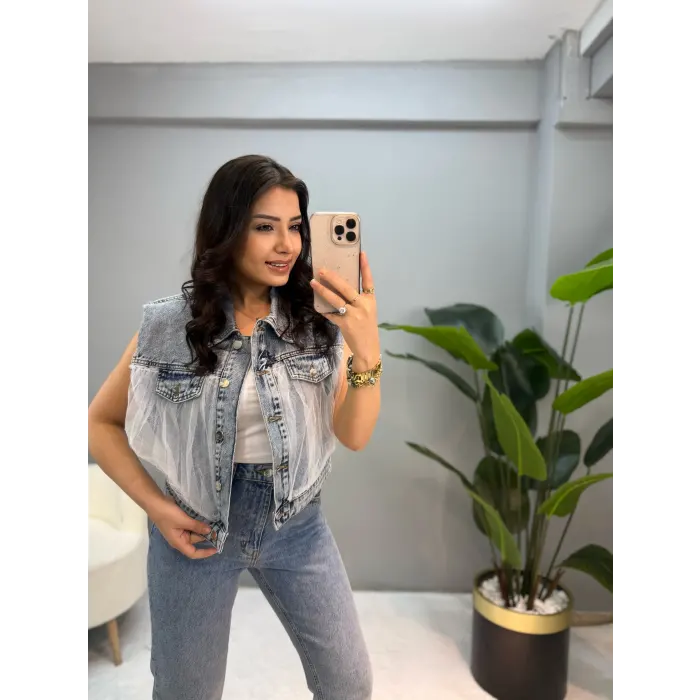 Tasarım Tül Detaylı Jean Yelek