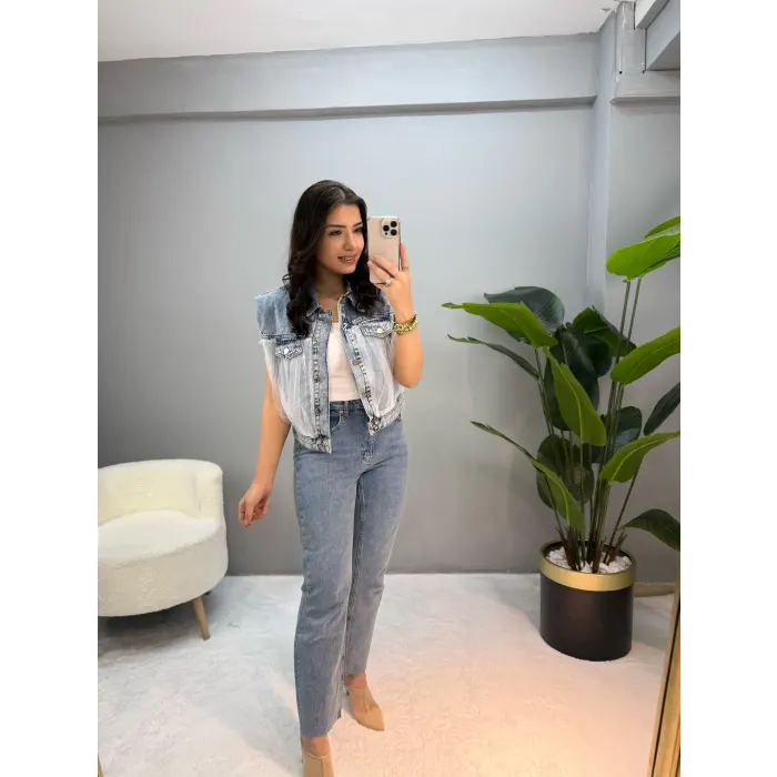 Tasarım Tül Detaylı Jean Yelek