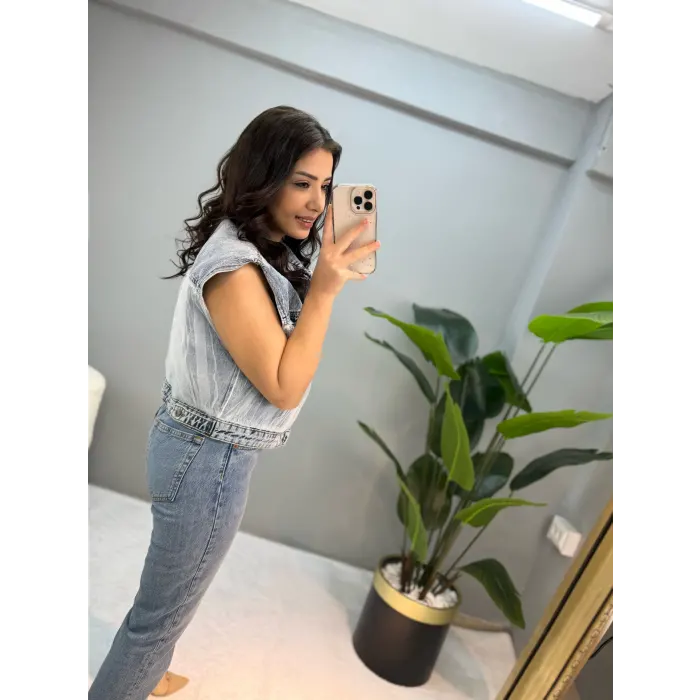 Tasarım Tül Detaylı Jean Yelek