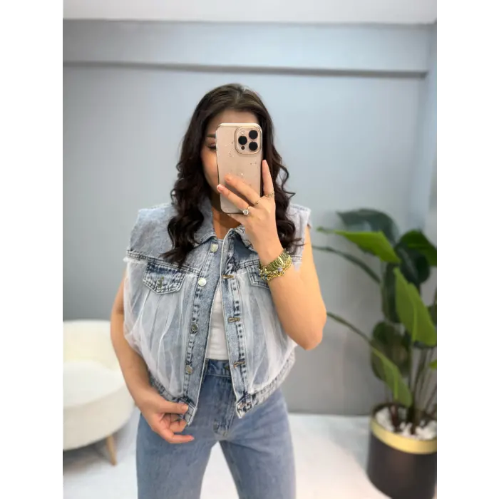 Tasarım Tül Detaylı Jean Yelek