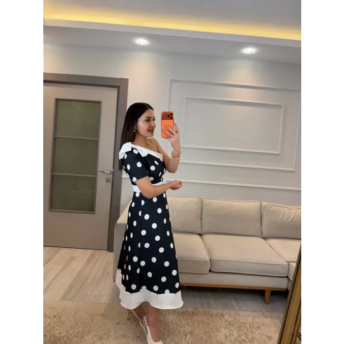 Tek Omuz Puantiyeli Kemerli Elbise