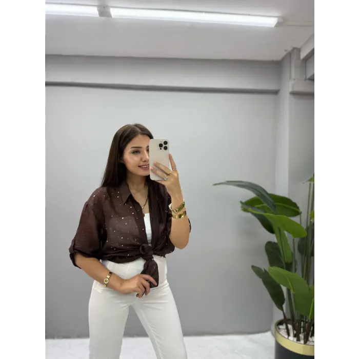 Tensel Kumaş Taşlı Kısa Kol Gömlek