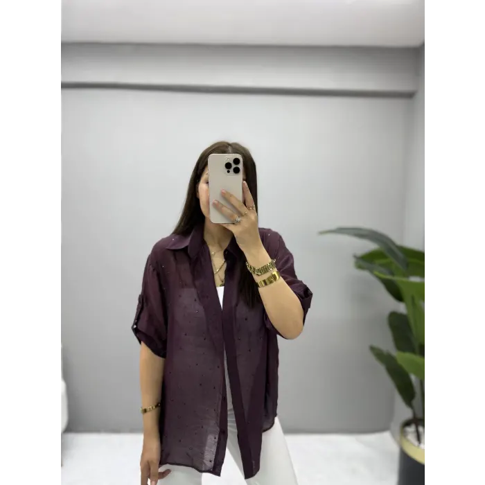 Tensel Kumaş Taşlı Kısa Kol Gömlek