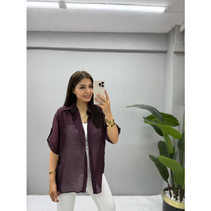 Tensel Kumaş Taşlı Kısa Kol Gömlek