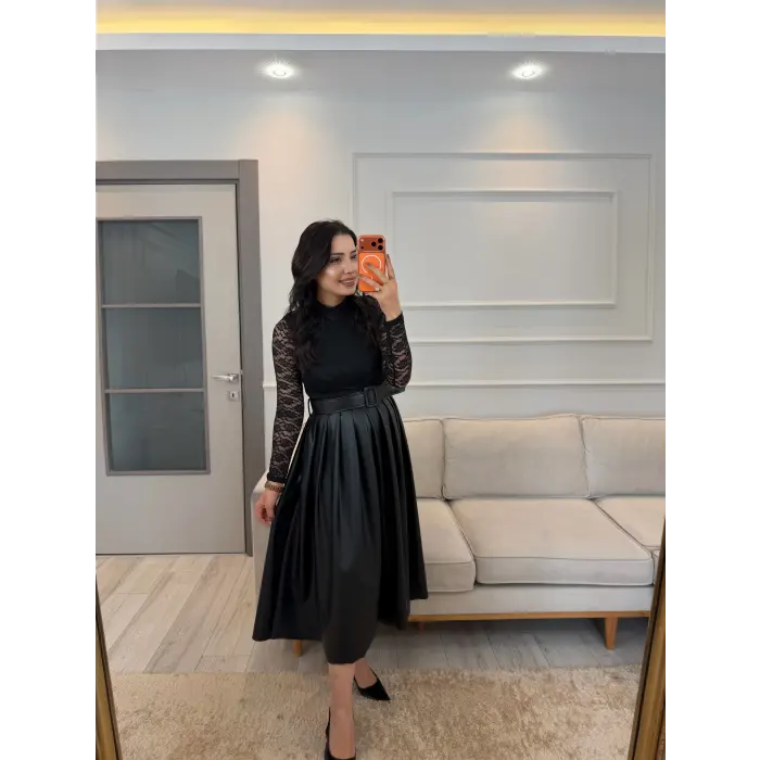 Üst Dantelli Alt Deri Elbise