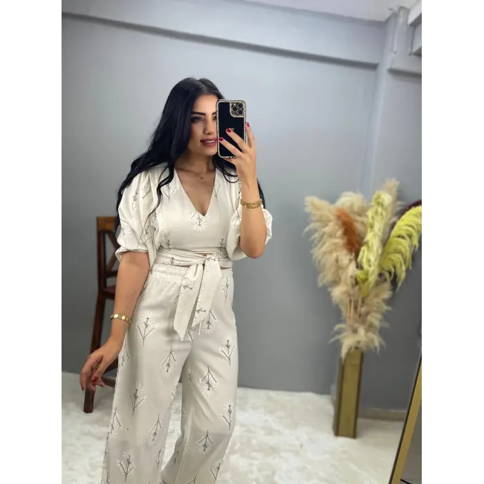 Veto Çiçek Desen Bağlamalı Keten Takım