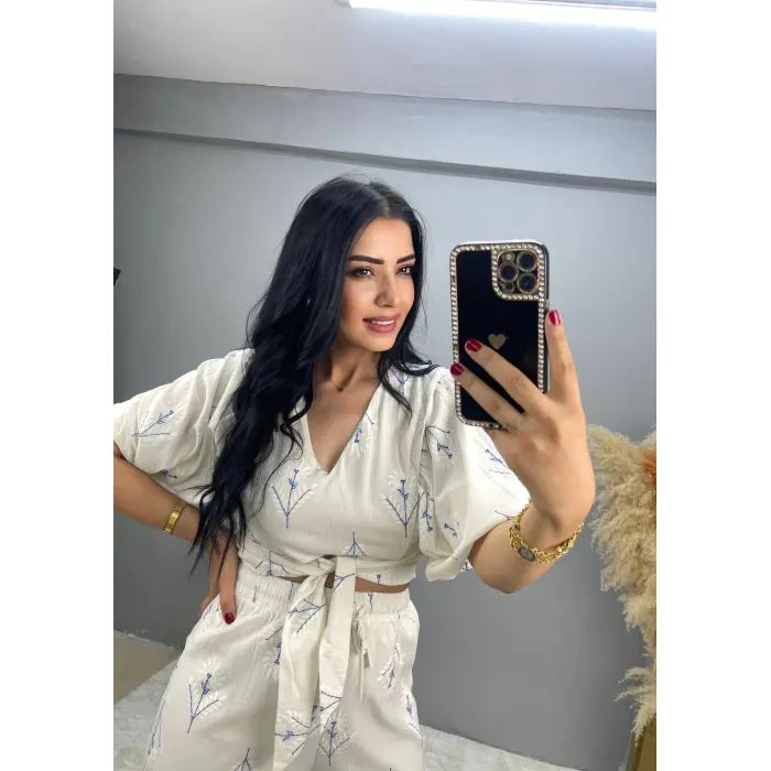 Veto Çiçek Desen Bağlamalı Keten Takım