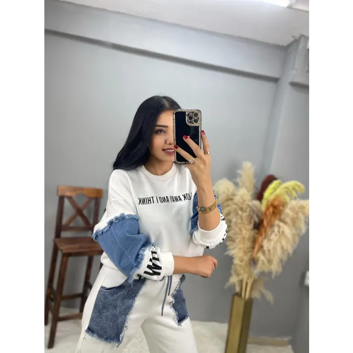 Violet Kol Denim Detaylı Sweatshirt