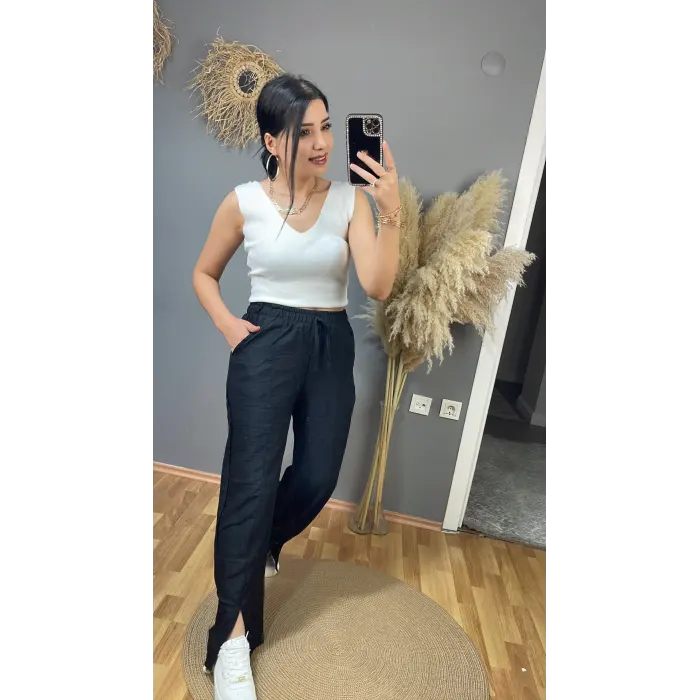 Xei Yırtmaçlı Keten Pantolon