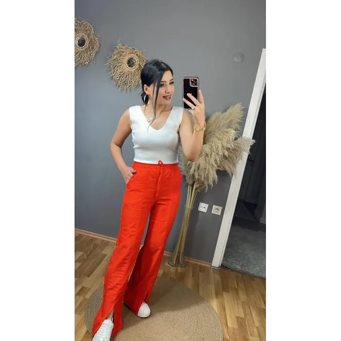 Xei Yırtmaçlı Keten Pantolon