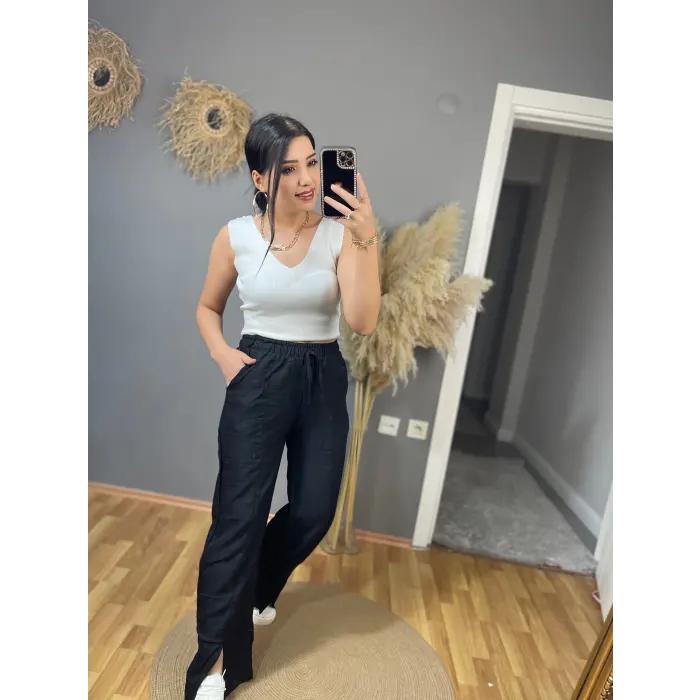 Xei Yırtmaçlı Keten Pantolon