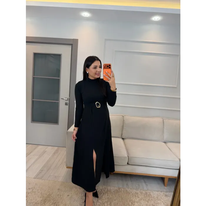 Yırtmaç Gold Toka Detaylı Elbise