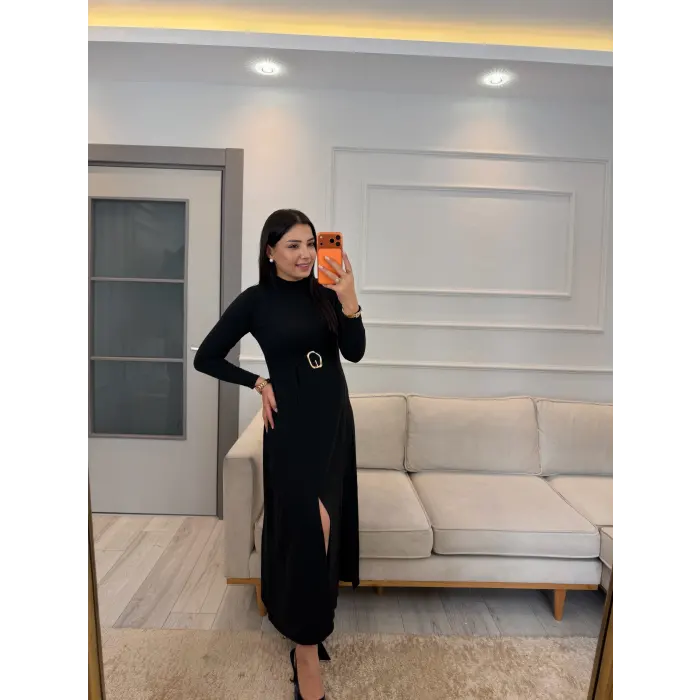 Yırtmaç Gold Toka Detaylı Elbise