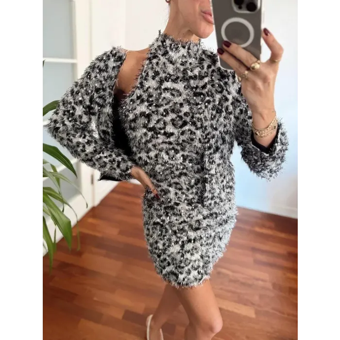 Zra Leopar Tüylü Elbise İkili Takım