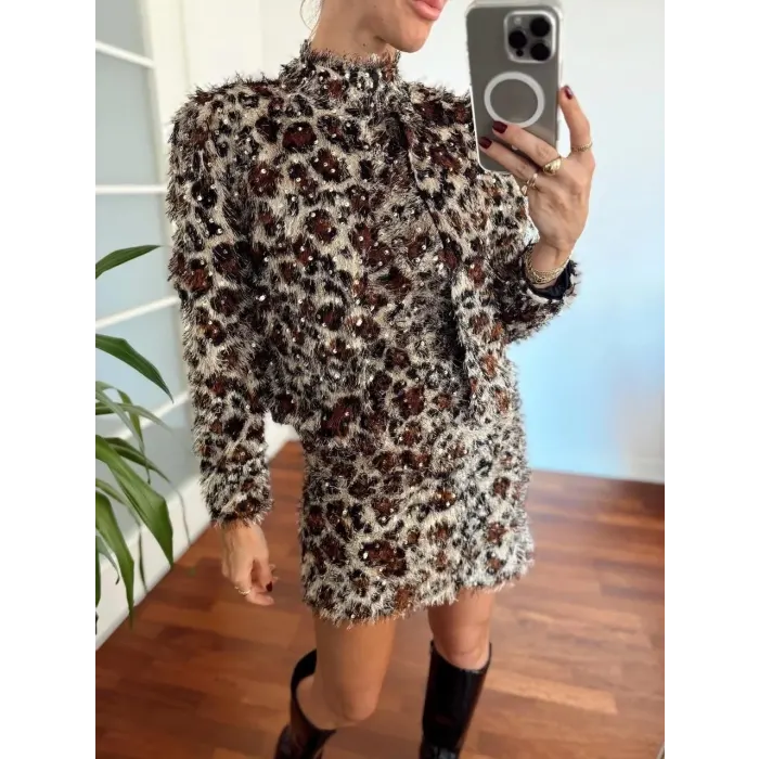 Zra Leopar Tüylü Elbise İkili Takım