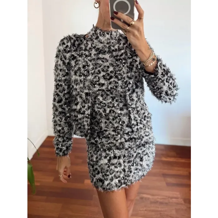 Zra Leopar Tüylü Elbise İkili Takım