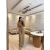 Gold Toka Detaylı Keten Elbise
