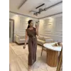 Gold Toka Detaylı Keten Elbise