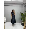Denim Sıfır Kol Kuşak Detaylı Elbise