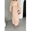 Sireno Gül Detaylı Kemerli Şifon Elbise