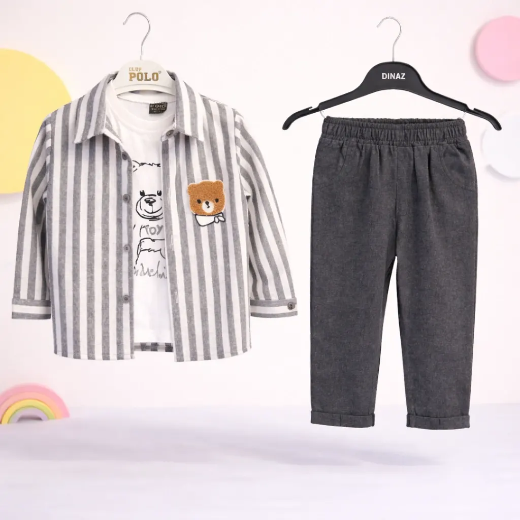 Çizgili Ayıcık Gömlek Üçlü Takım 9/24 Ay